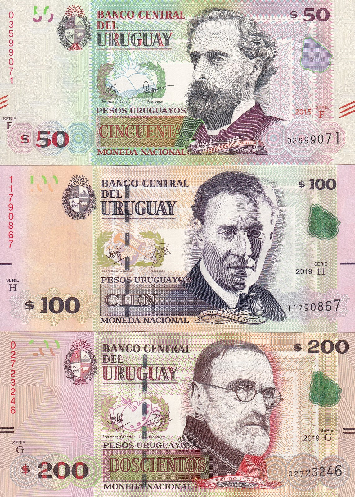 Uruguay Set 3 UNC 50 100 200 Pesos Random Year P 94 95 96
