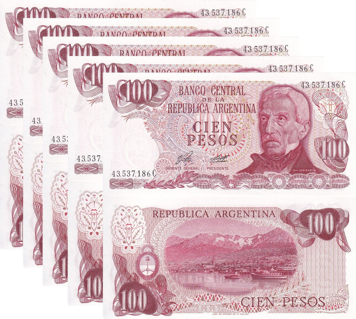Argentina 100 Pesos ND 1976-1978 P 302 b UNC LOT 5 PCS