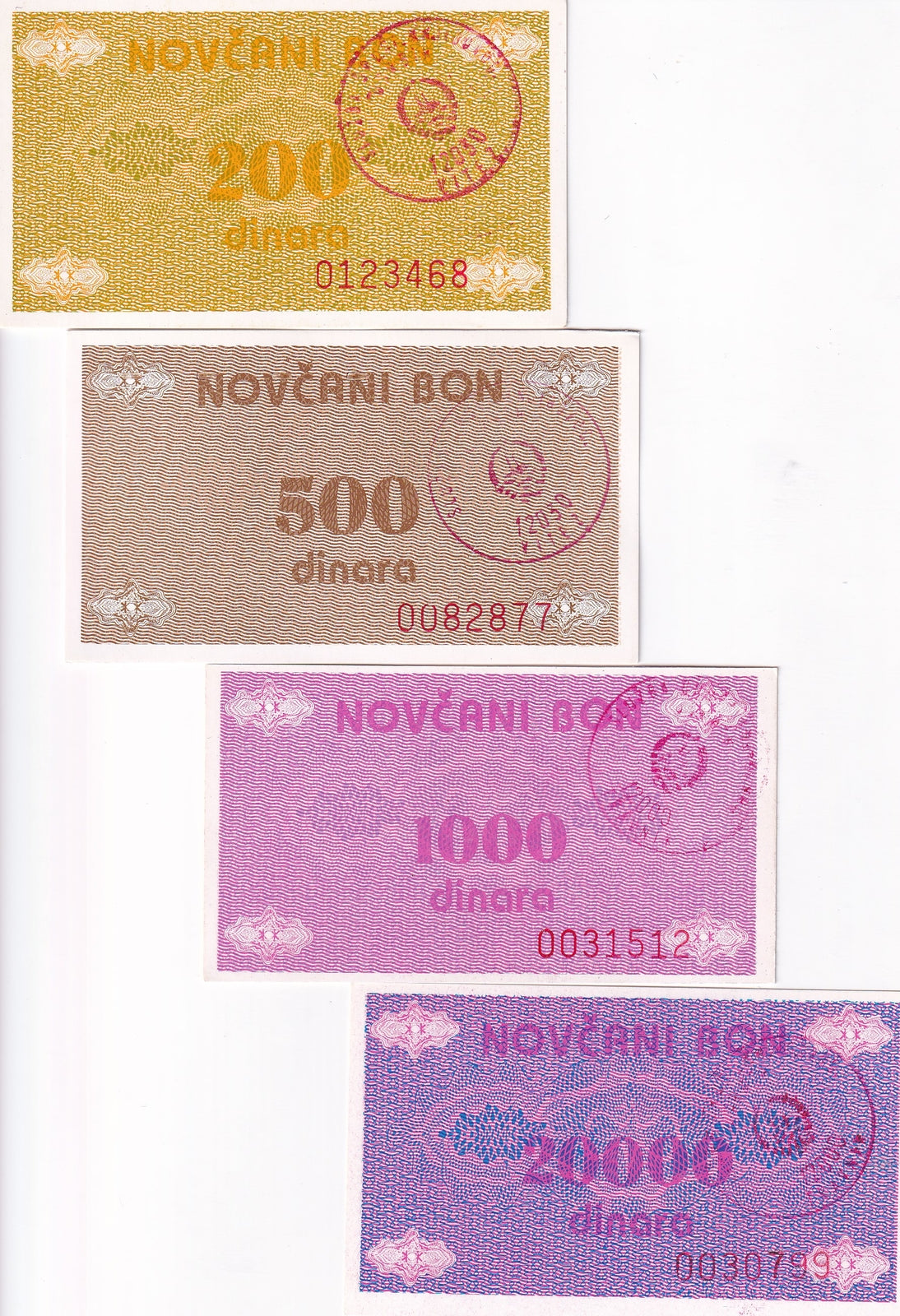 Bosnia & Herzegovina Set 4 UNC 200 500 1000 2000 Dinara ND 1992 P 48 49 50 52