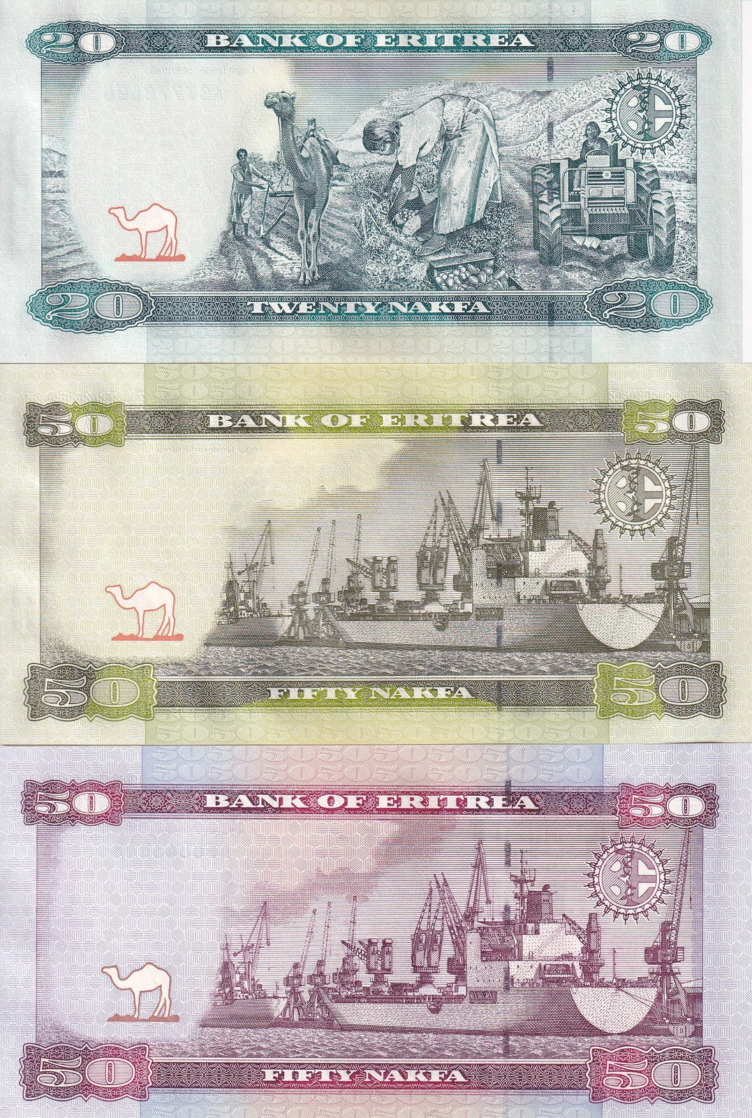 Eritrea Set 3 UNC 20 50 50 Nakfa 2004 2011 2012 P 7 9 12 Fieldwork Cargo ships