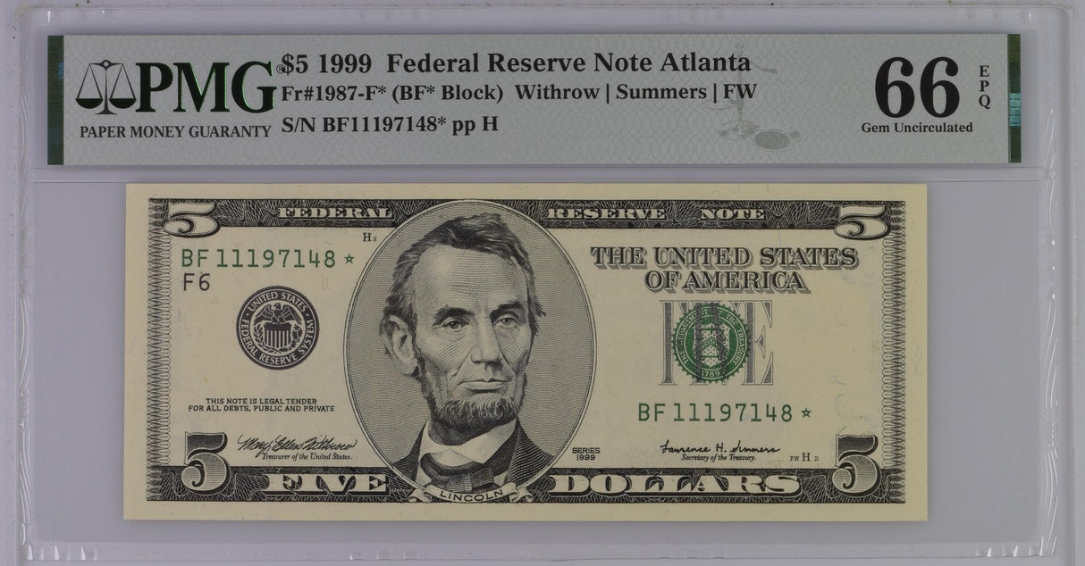 United States 5 Dollars USA 1999 P 505* Atlanta Replacement Gem UNC PMG 66 EPQ