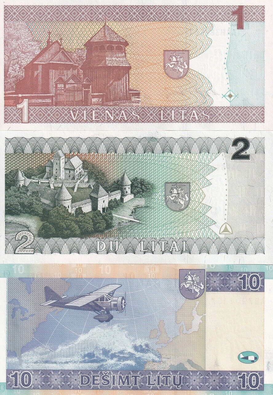 Lithuania Set 3 PCS 1 2 10 Litas 1993 1994 2007 P 53 P 54 P 68 UNC