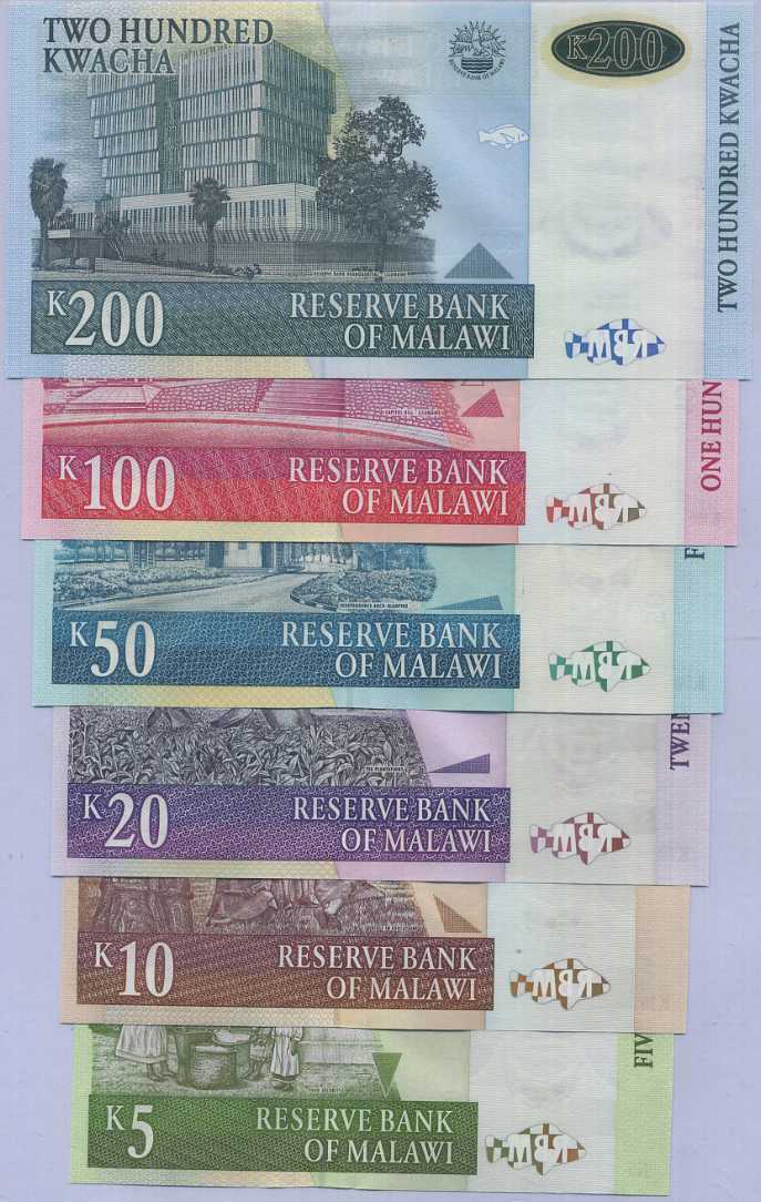 Malawi Set 6 Pcs 5 10 20 50 100 200 Kwacha Random Date P 36 - 54 UNC