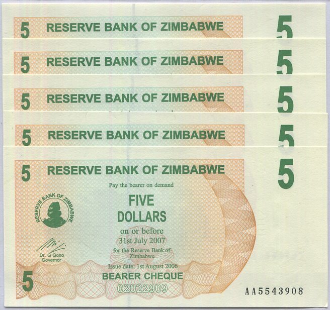 Zimbabwe 5 Dollars 2006 P 38 UNC Lot 5 Pcs