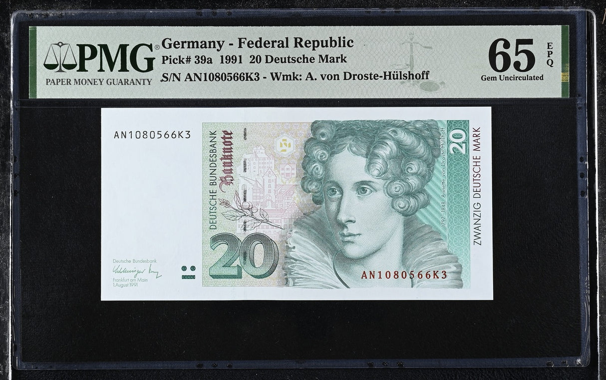 Germany 20 Deutsche Mark 1991 P 39 a Gem UNC PMG 65 EPQ
