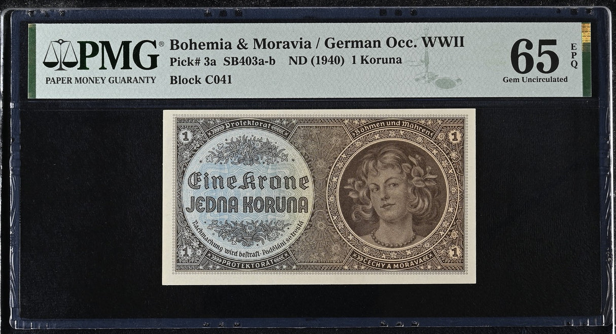 Bohemia 1 Koruna ND 1940 P 3 a Gem UNC PMG 65 EPQ