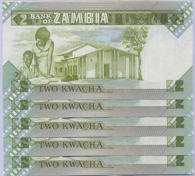 Zambia 2 Kwacha ND 1980 - 1988 P 24 UNC LOT 5 PCS