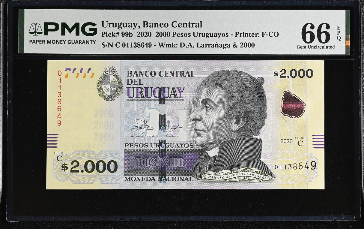 Uruguay 2000 Pesos Uruguayos 2020 P 99 b Gem UNC PMG 66 EPQ