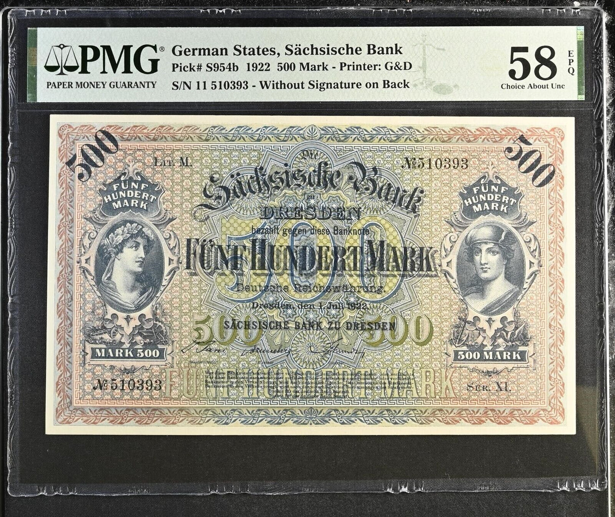 Germany 500 Mark 1922 P S954 b Without Signature Choice About UNC PMG 58 EPQ
