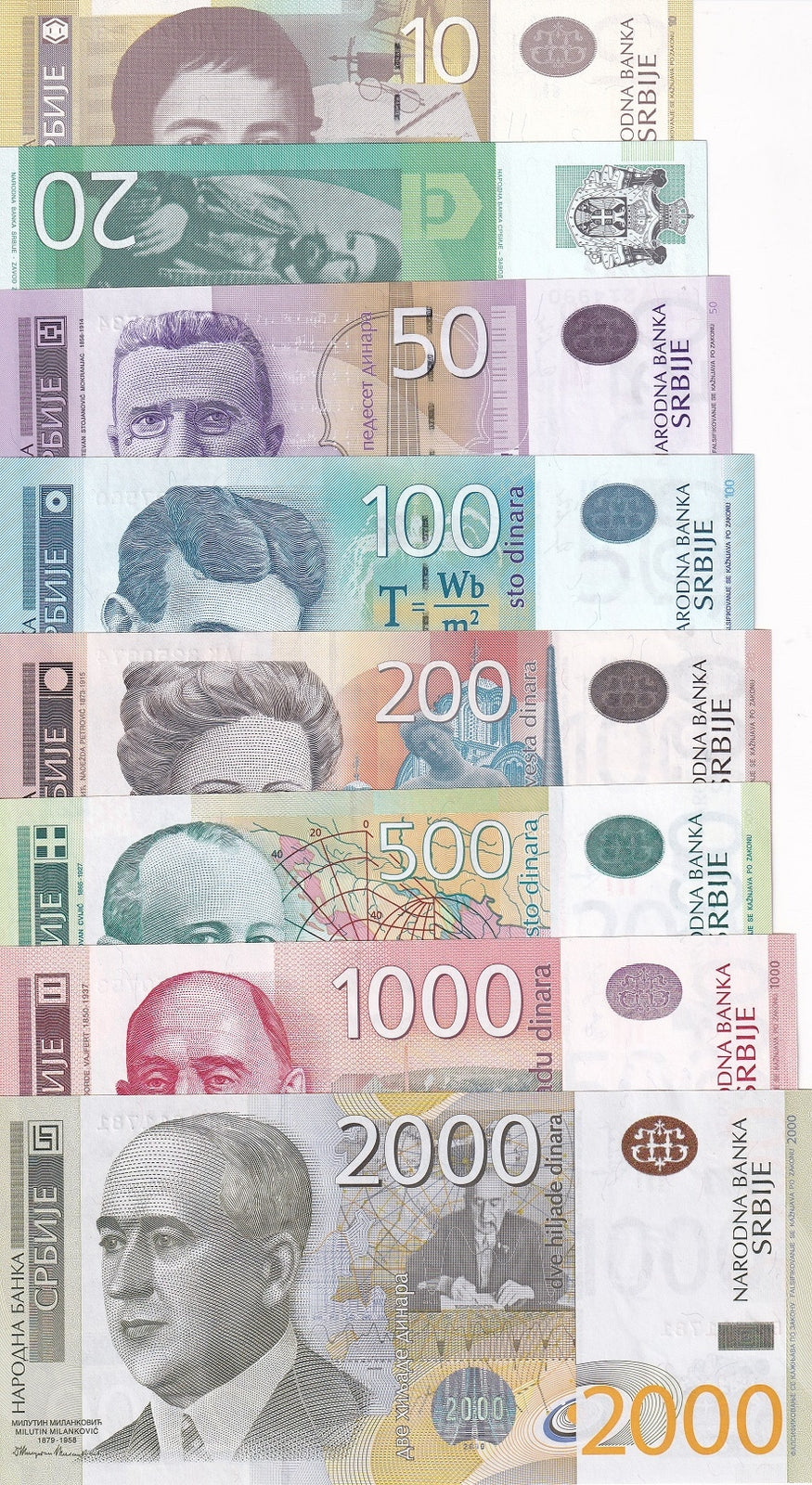 Serbia Set 8 UNC 10 20 50 100 200 500 1000 2000 Dinara Random Year P 54-60 61