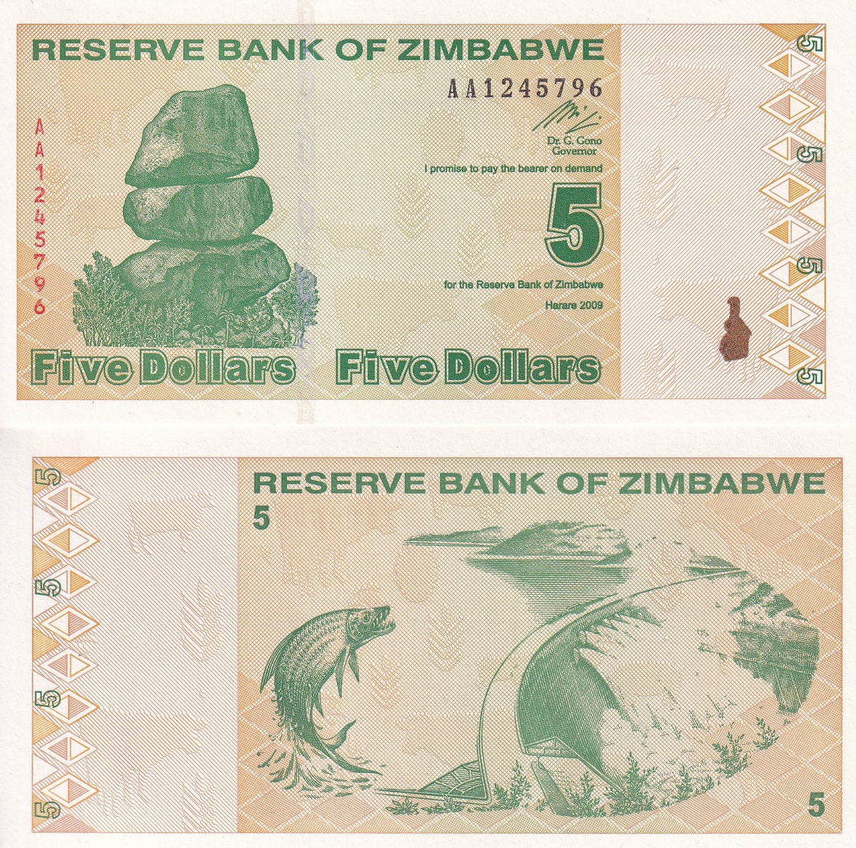 Zimbabwe 5 Dollars 2009 P 93 UNC