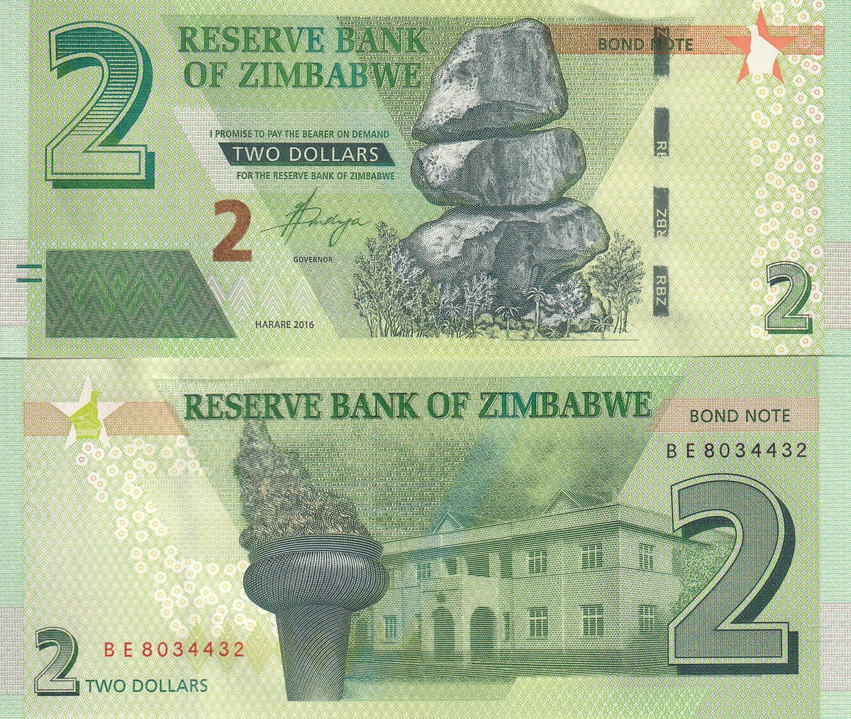 Zimbabwe 2 Dollars 2016 P 99 UNC ,Torch of Independence monument ,Bond Note