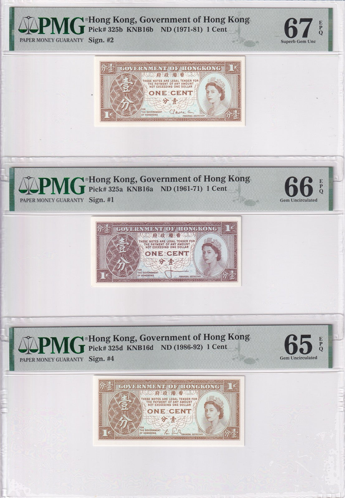 Hong Kong Set 3; 1 Cent ND 1961-1971-1992 P 325 a b d Gem UNC PMG 65 66 67 EPQ