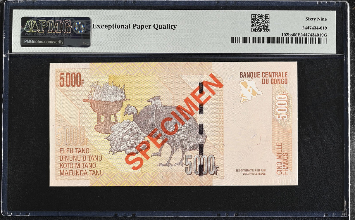 Congo 5000 Francs 2013 P 102 bs SPECIMEN Superb Gem UNC PMG 69 EPQ