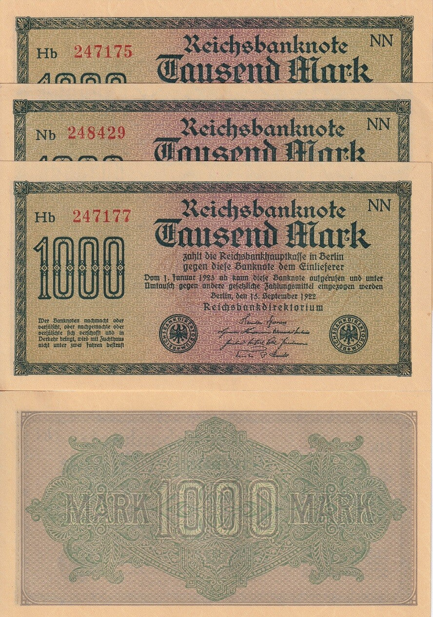 Germany 1000 Mark 1922 P 76 b AU-UNC LOT 3 PCS