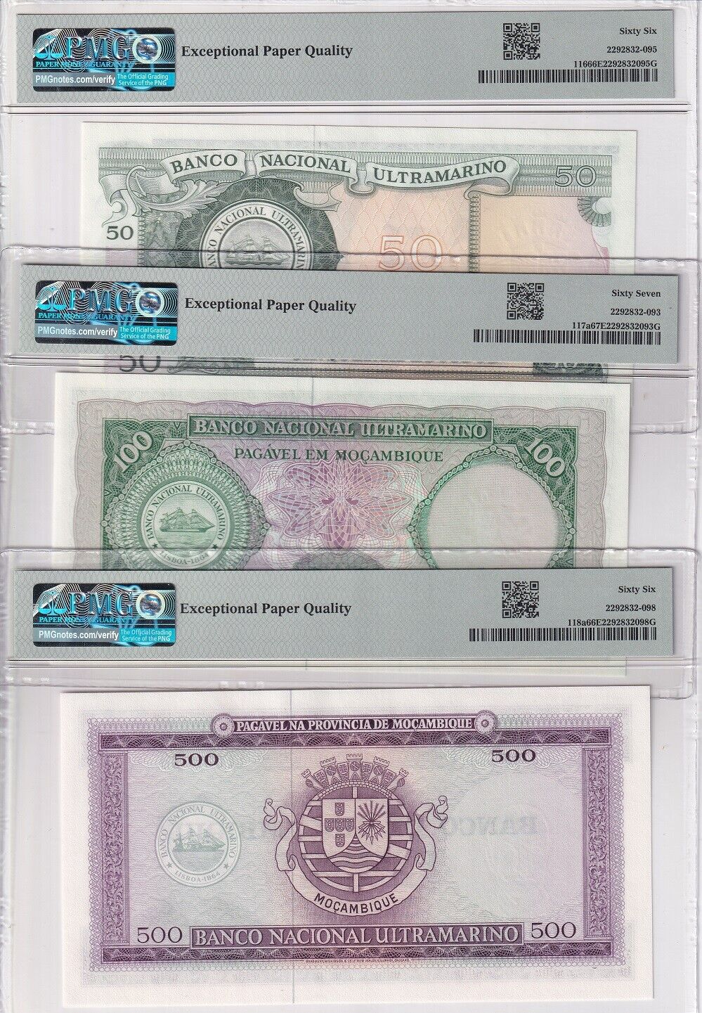Mozambique Set 3; 50 100 500 Escudos 1970 P 116-118 Superb Gem UNC PMG 66 67 EPQ