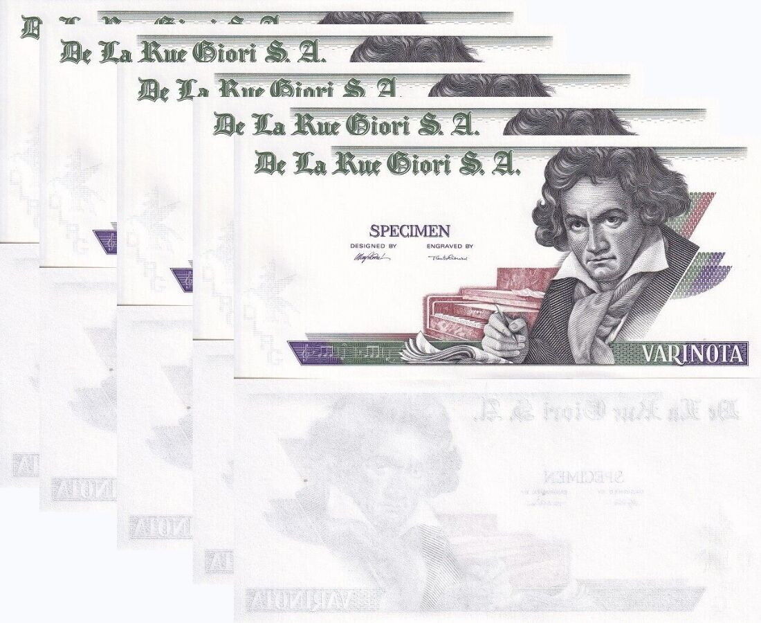 TEST NOTE SPECIMEN VARINOTA DE LA RUE BEETHOVEN one-side 1955 on Band LOT 5 PCS