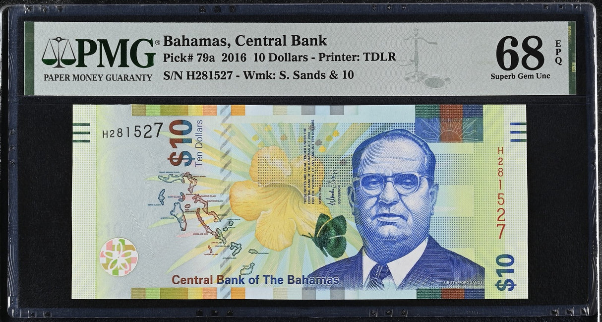 Bahamas 10 Dollars 2016 P 79 a Superb GEM UNC PMG 68 EPQ