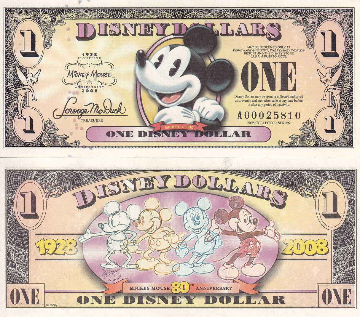 USA Disney 1 Dollar 2008 Mickey 80th Anniversary 1928-2008 A Prefix UNC