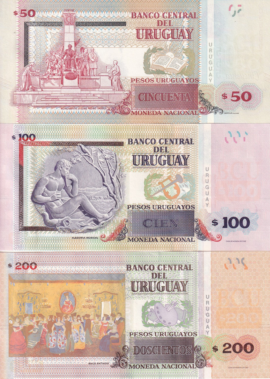 Uruguay Set 3 UNC 50 100 200 Pesos Random Year P 94 95 96