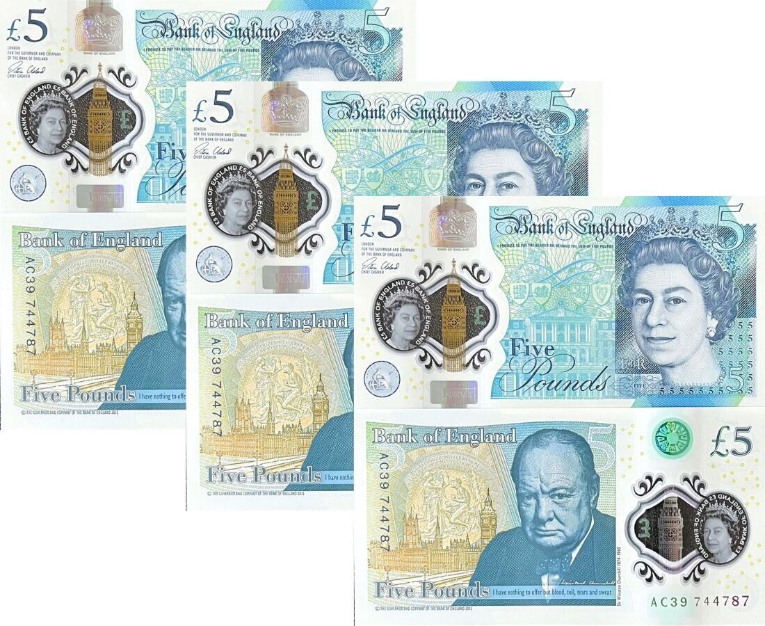 Great Britain 5 Pounds 2015 England QE II Polymer P 394 UNC LOT 3 PCS