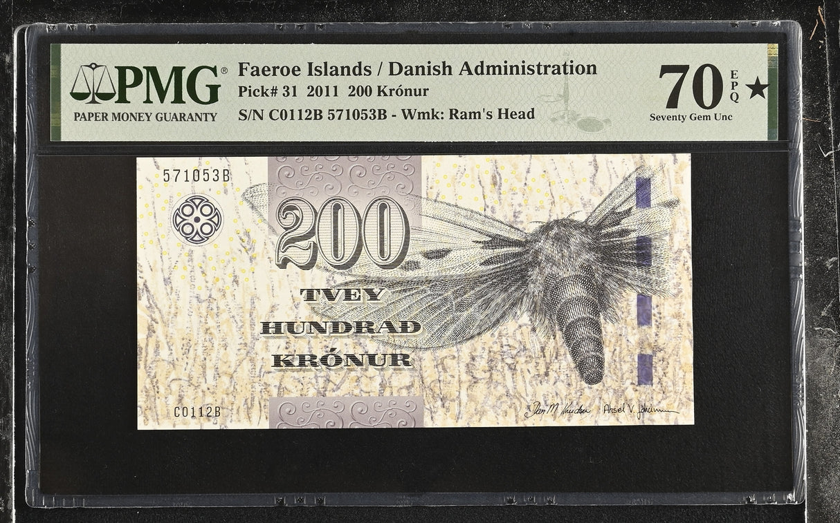 Faeroe Islands 200 Kronur 2011 P 31 Superb Gem UNC PMG 70 EPQ Extra Star TOP