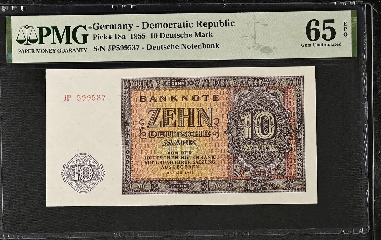 Germany Democratic 10 Deutsche Mark 1955 P 18 a Gem UNC PMG 65 EPQ