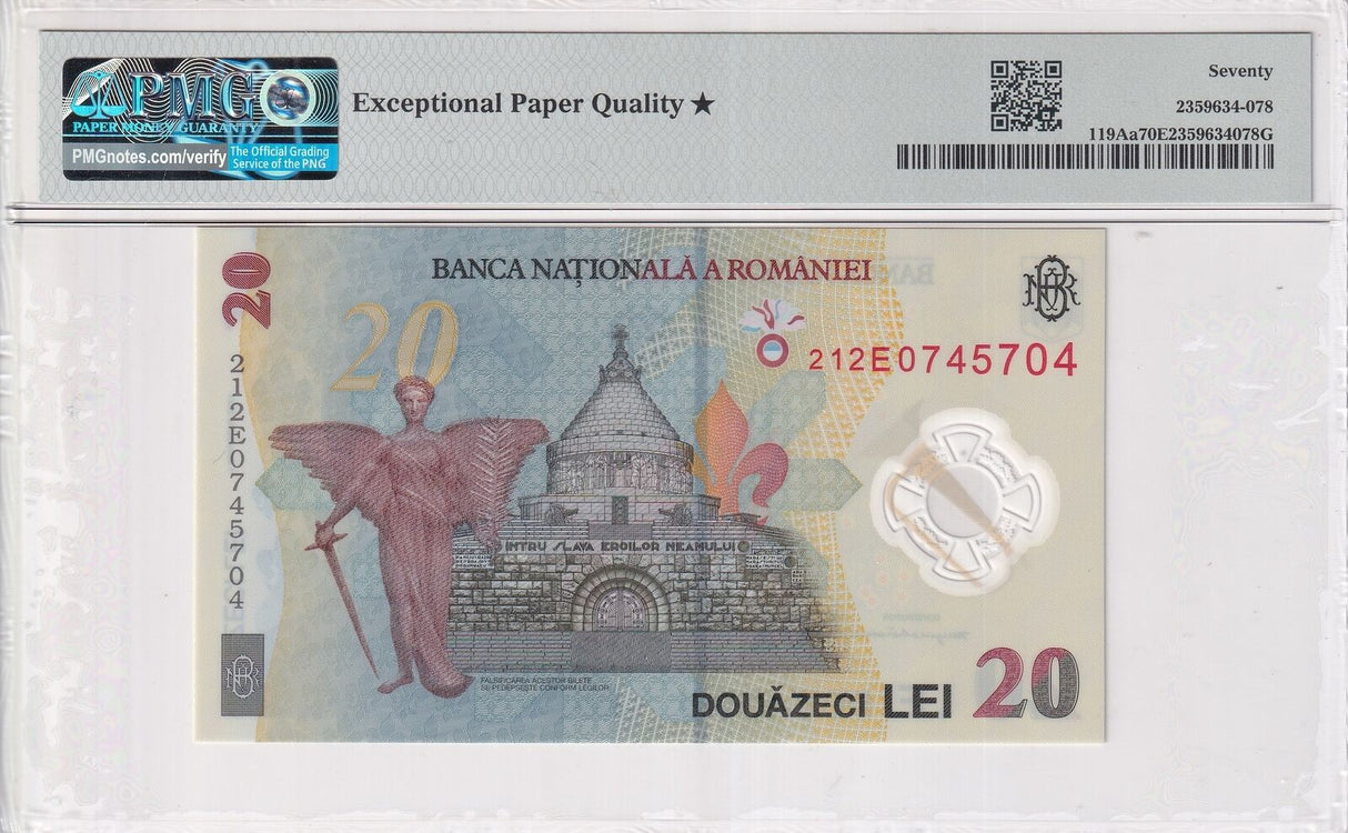 Romania 20 Lei 2021 P 119Aa Polymer Superb Gem UNC PMG 70 EPQ Extra Star Top