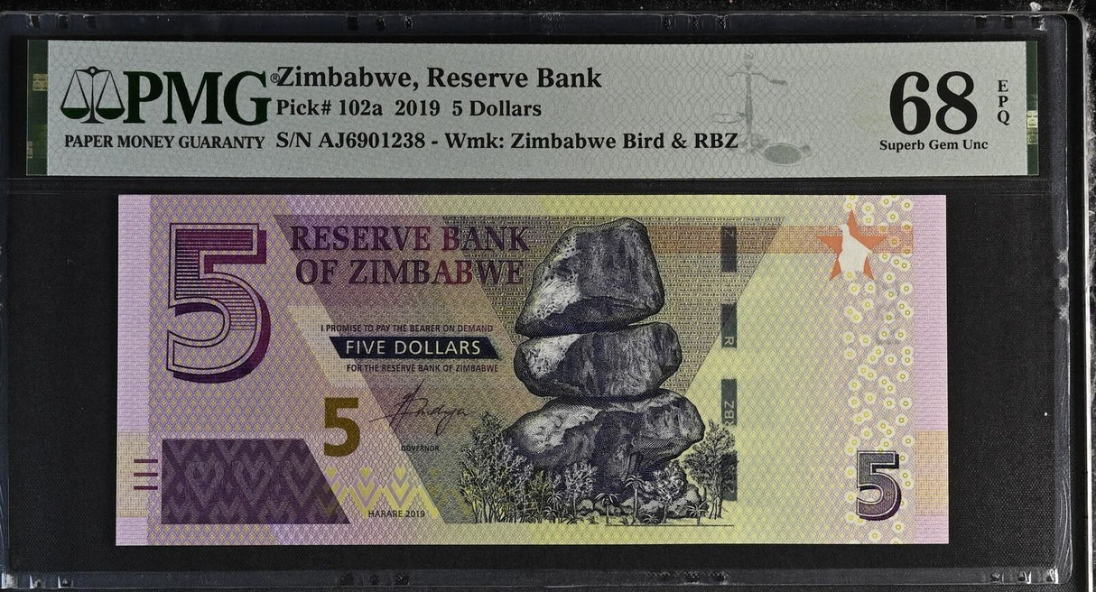 Zimbabwe 5 Dollars 2019 P 102 a Superb GEM PMG 68 EPQ