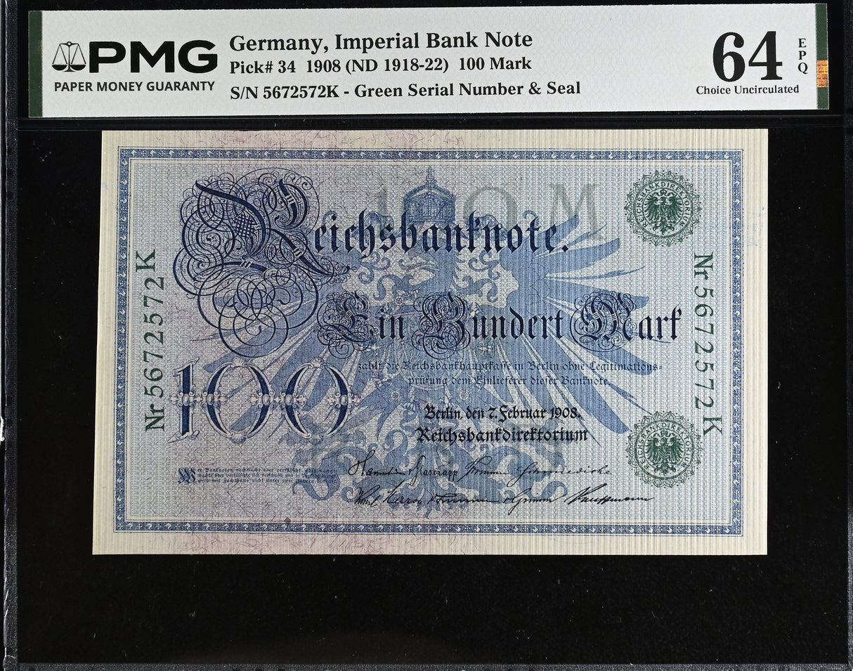 Germany 100 Mark 1908 ND 1918-1922 P 34 Choice UNC PMG 64 EPQ
