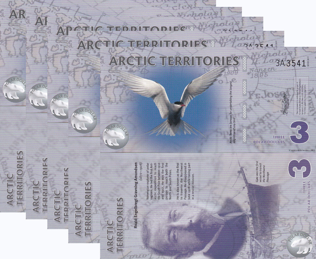 Arctic Territories 3 Dollar 2011 Polymer Polar Bird UNC LOT 5 PCS