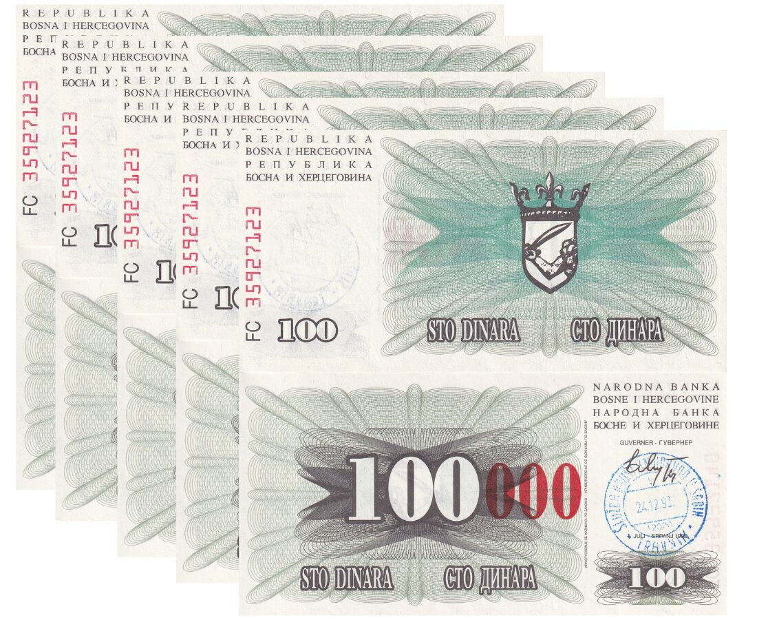 BOSNIA 100000 DINARA 1993 P 56 d UNC LOT 5 PCS