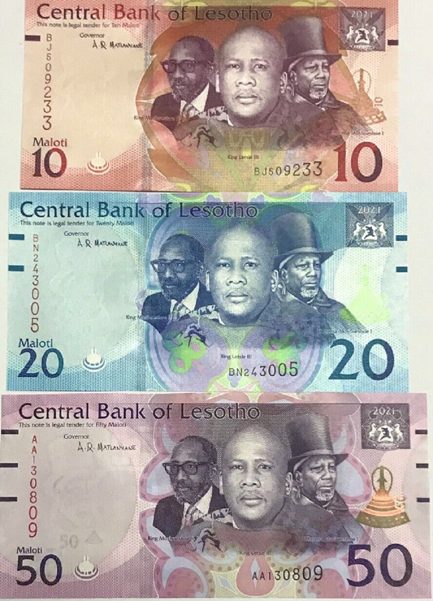 Lesotho Set 3 Pcs 10 20 50 Maloti 2021 P 26 P 27 P 28 UNC