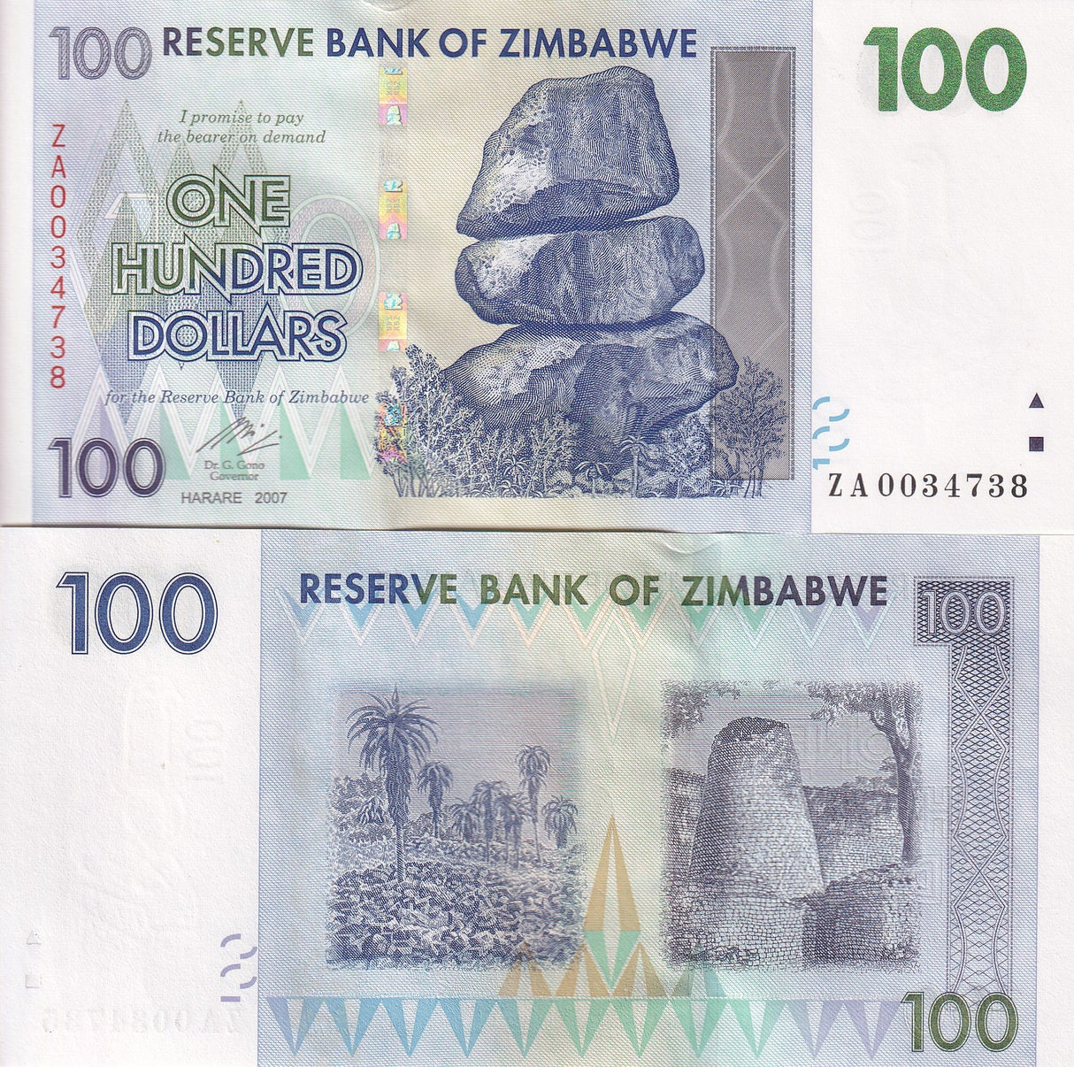 Zimbabwe 100 Dollars 2007 P 69 ZA Replacement UNC