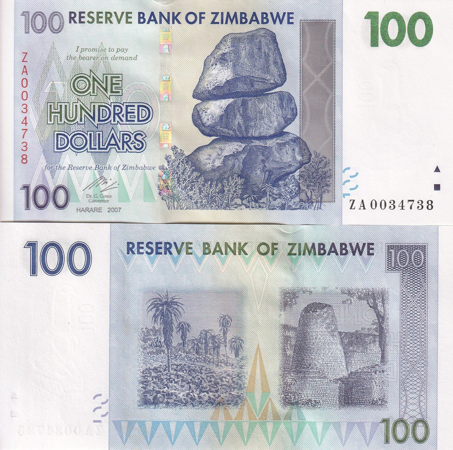 Zimbabwe 100 Dollars 2007 P 69 ZA Replacement UNC