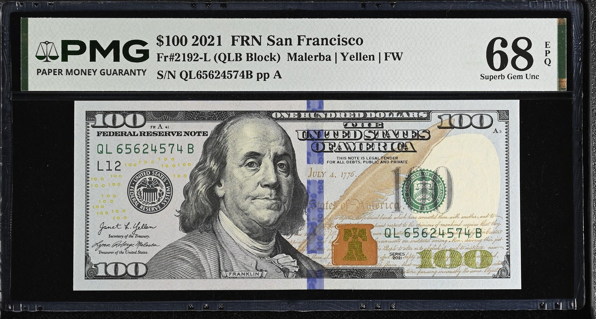 United States 100 Dollars USA 2021 P 555 L San Fran Superb Gem UNC PMG 68 EPQ
