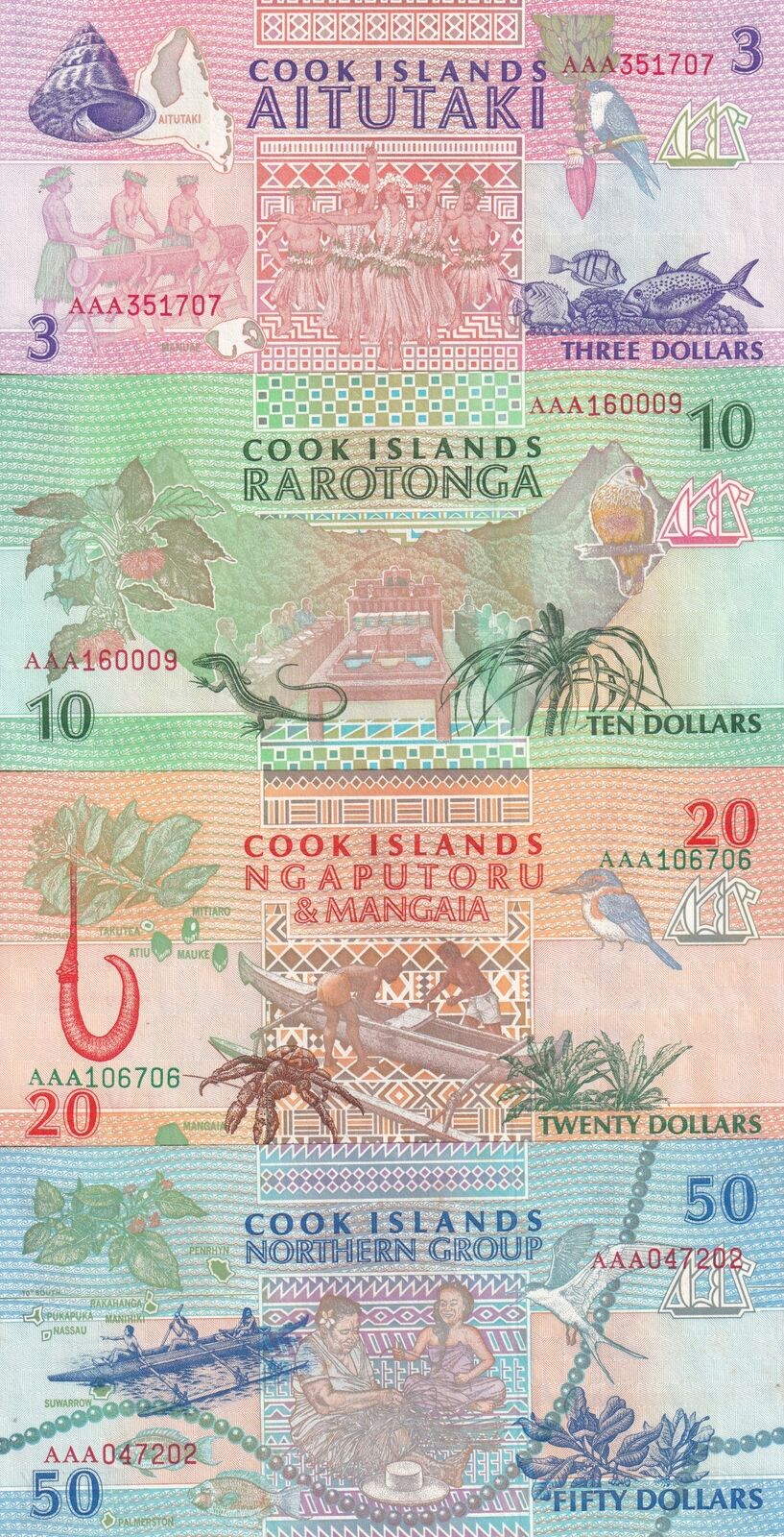 Cook Island set 4, 3 10 20 UNC ( 50 UNC W/Foxing ) Dollars 1992 P 7 8 9 10
