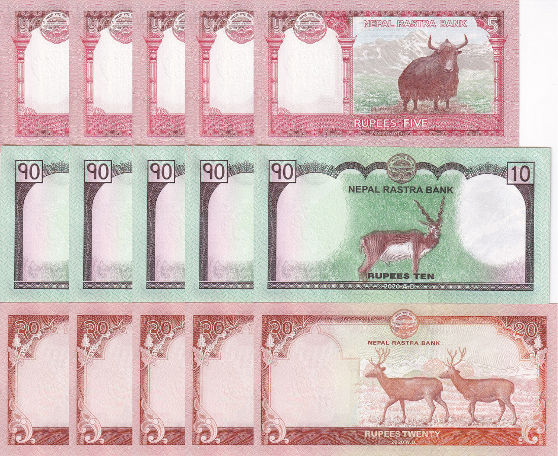 Nepal Set 3 x Lot 5 = 15 UNC 5 10 20 Rupees 2020 P 76 77 78