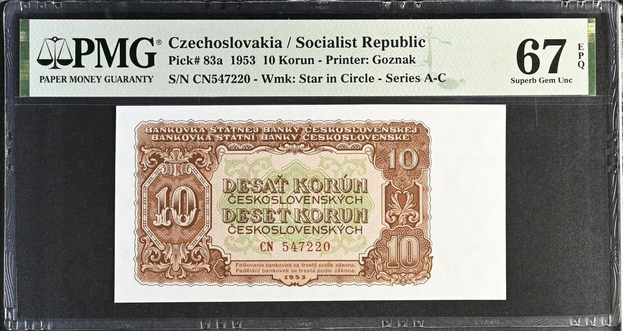 Czechoslovakia 10 Korun 1953 P 83 a Superb Gem UNC PMG 67 EPQ