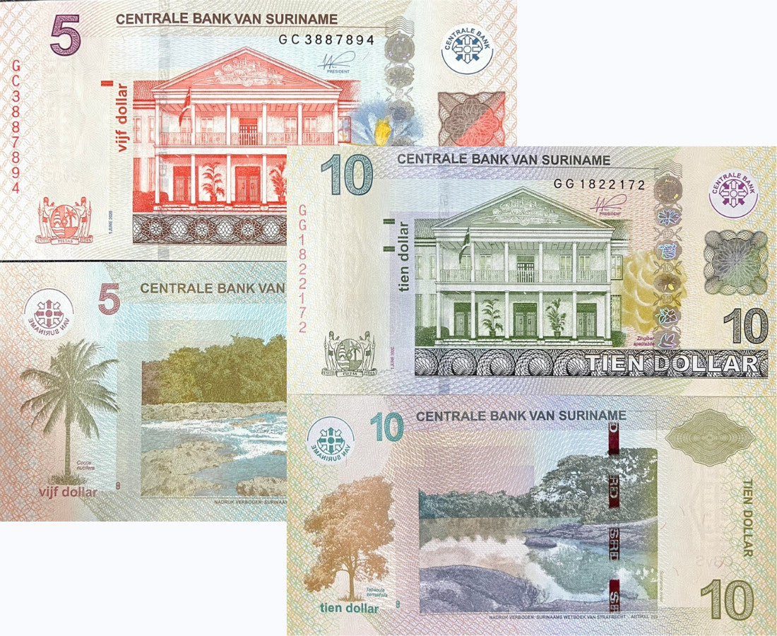 Suriname Set 2 PCS 5 10 Dollars 2020 P 162 P 163 New Sign UNC