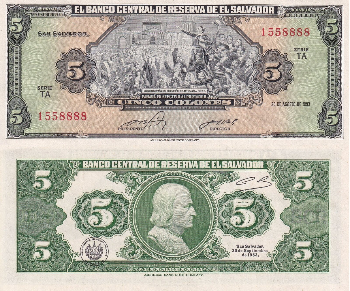 El Salvador 5 Colones 1983 P 134 a Nice number 155-8888 AUnc