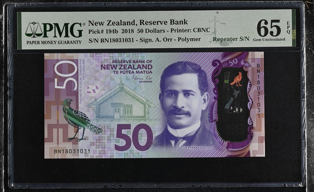 New Zealand 50 Dollars 2018 Polymer P 194 b Gem UNC PMG 65 EPQ