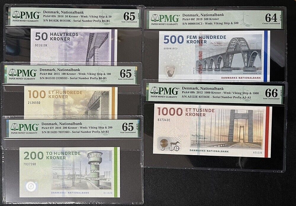 Denmark Set 5; 50 100-1000 Kroner 2012-19 P 65 P 66-69 Gem UNC PMG 64 65 66 EPQ