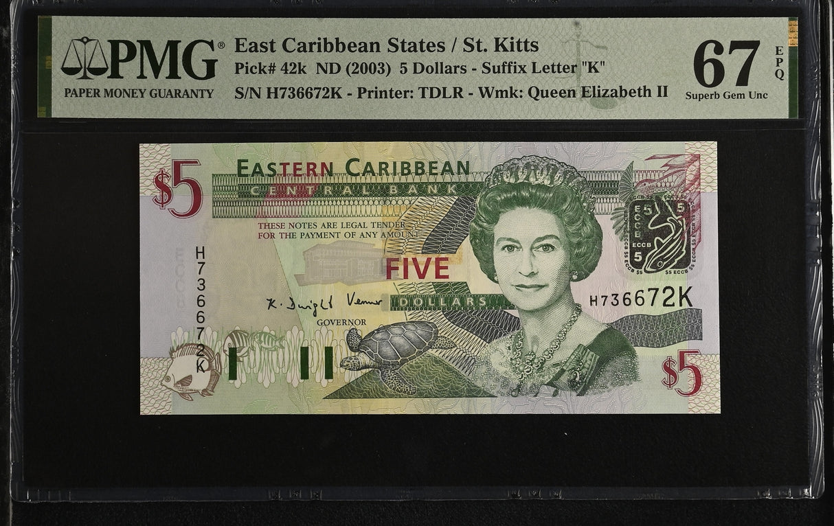 East Caribbean 5 Dollars ND 2003 P 42 k St. Kitts Superb Gem UNC PMG 67 EPQ