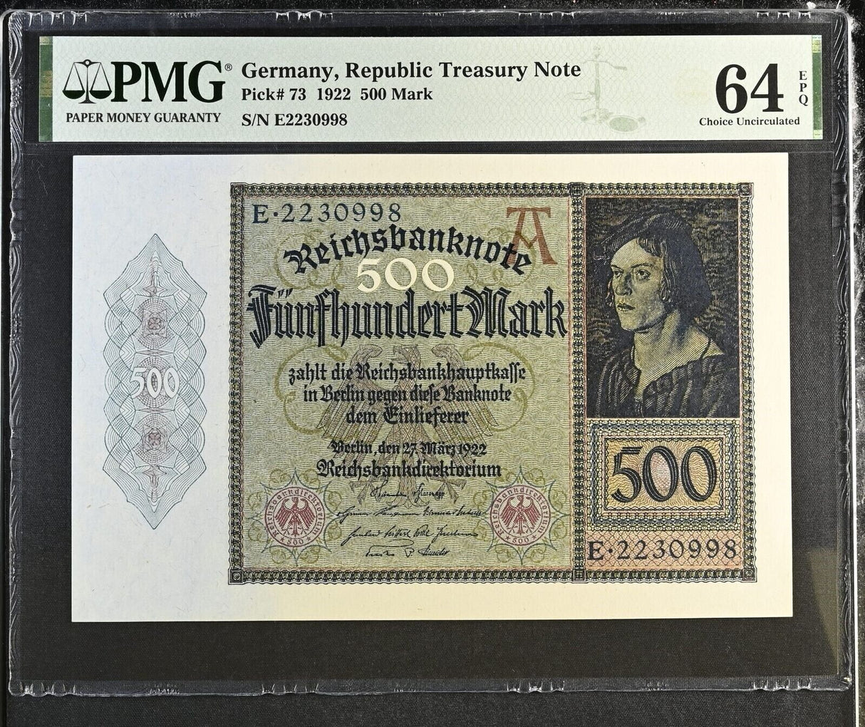 Germany Republic 500 Mark 1922 P 73 Choice UNC PMG 64 EPQ