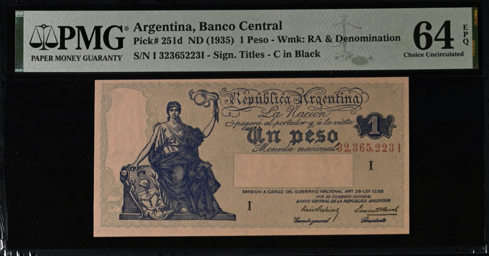 Argentina 1 Peso ND 1935 P 251 d Choice UNC PMG 64 EPQ