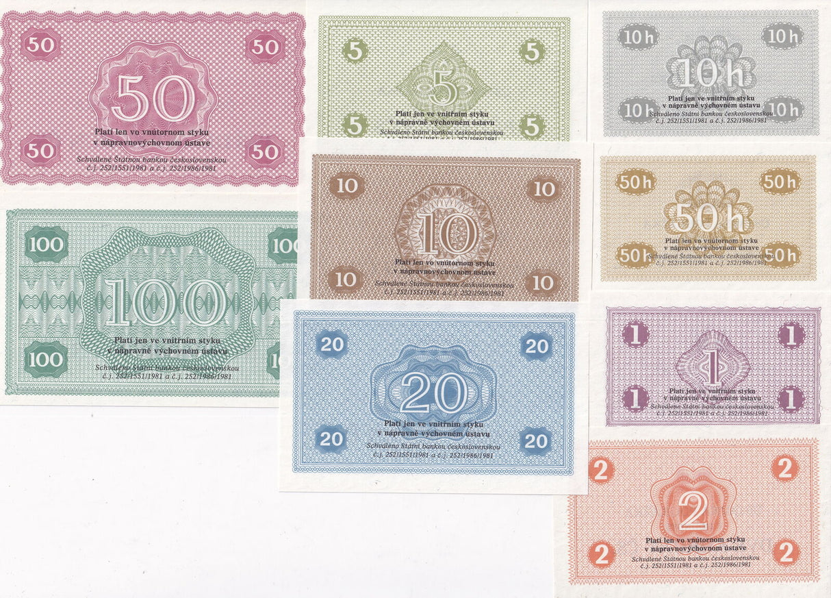 Czechoslovakia Set 9 Korun Prisoner Camp 10-50 Haleru 1-100 Korun 1981 UNC