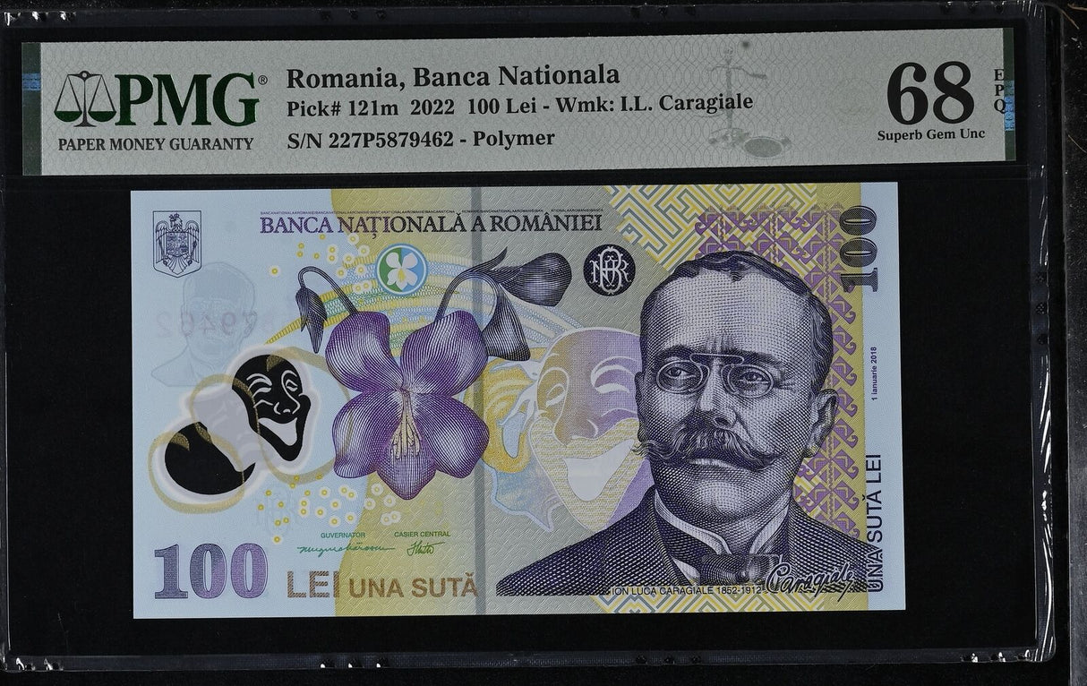 Romania 100 Lei 2022 P 121 m Polymer Superb Gem UNC PMG 68 EPQ