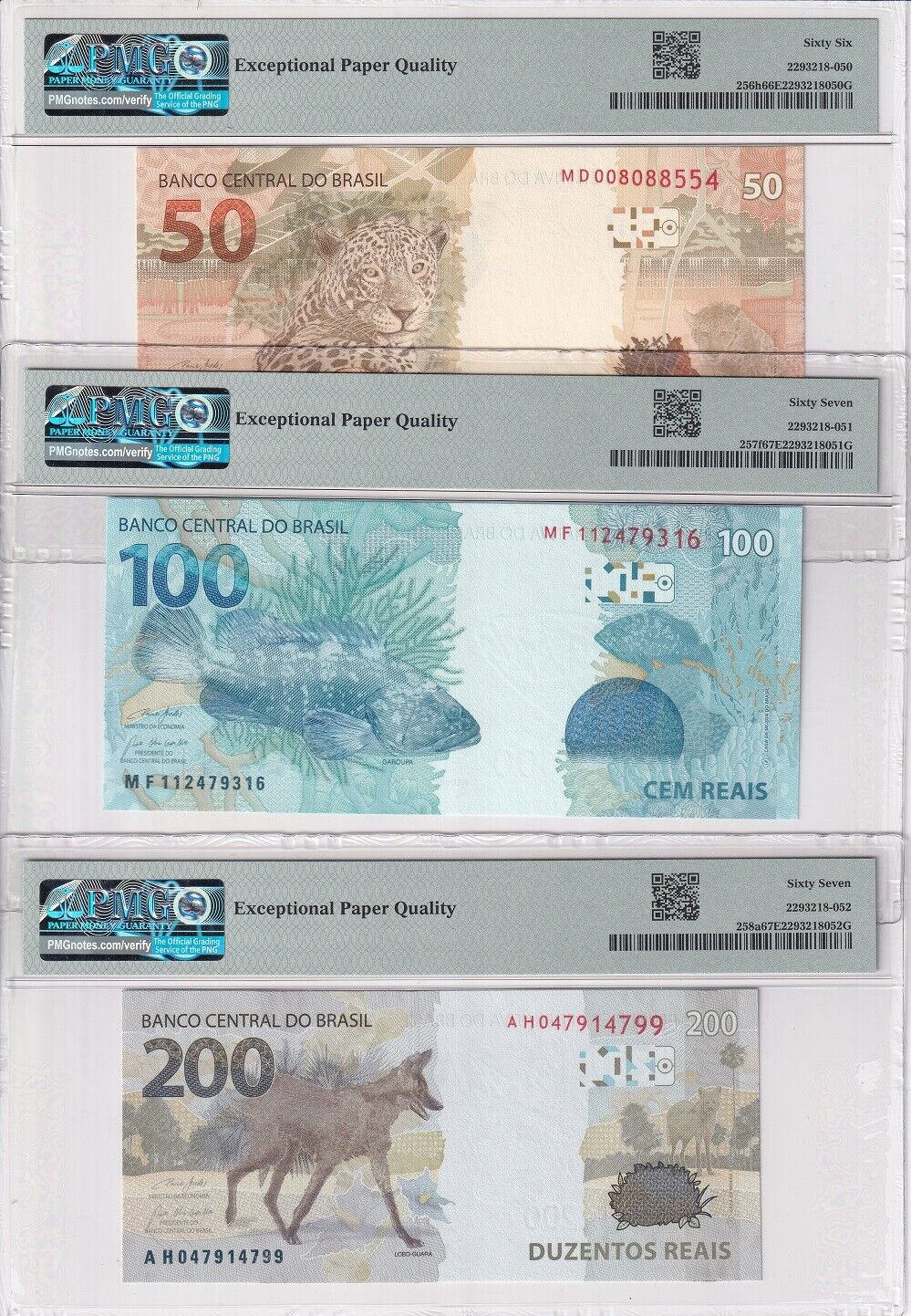 Brazil Set 7; 2 5 10 20-200 Reais 2010 P 252-P 258 Superb Gem UNC PMG 65-67 EPQ