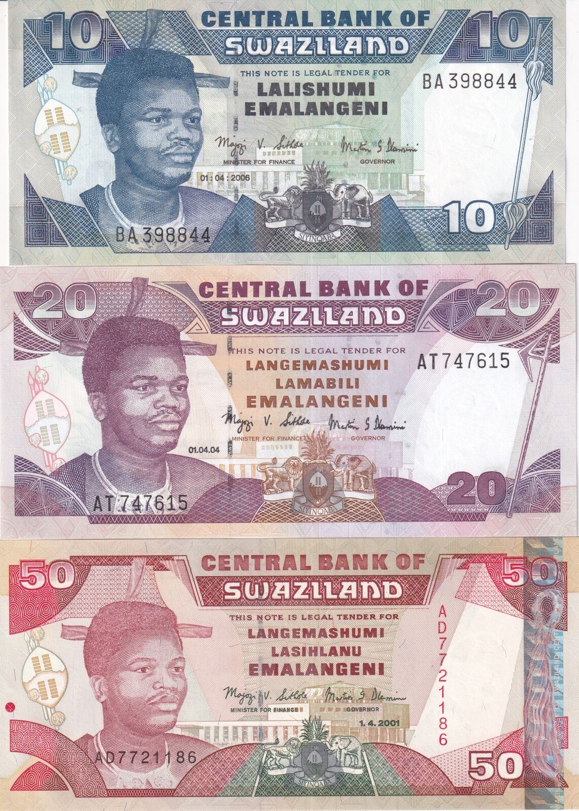 Eswatini Set 3 PCS 10 20 50 Emalangeni Swaziland Random Year P 29 30 31 UNC